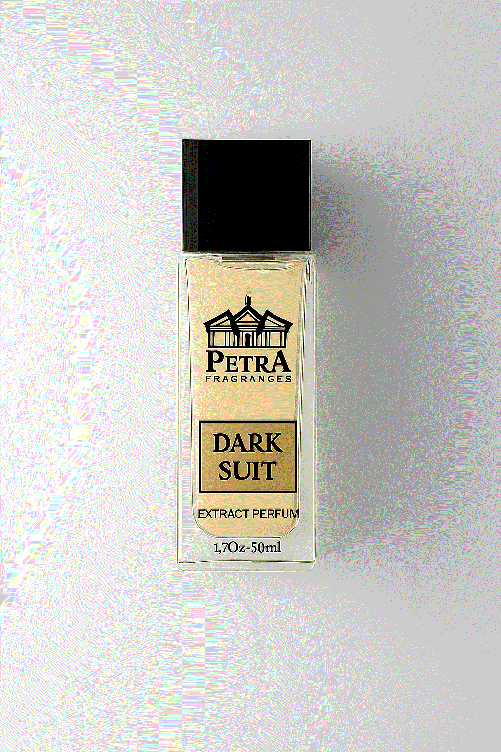 Petra Dark Suit extract perfume bottle with black cap and gold label on light background
