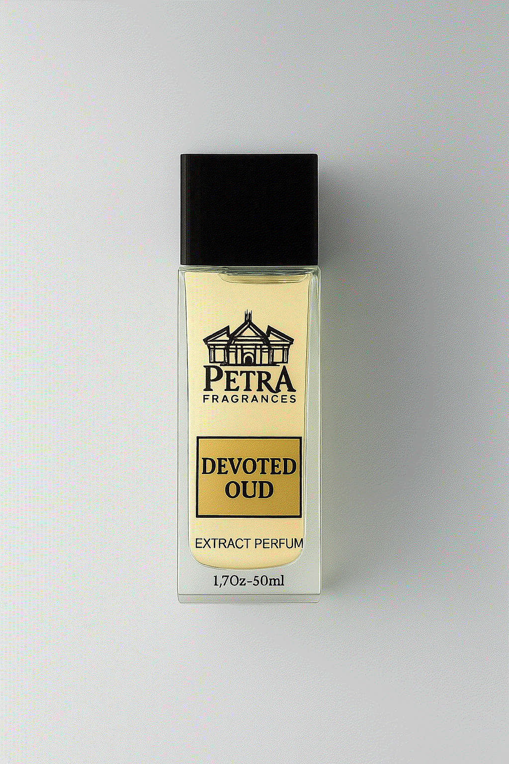 Petra Fragrances Devoted Oud Extract Parfum 50ml bottle with black cap on white background