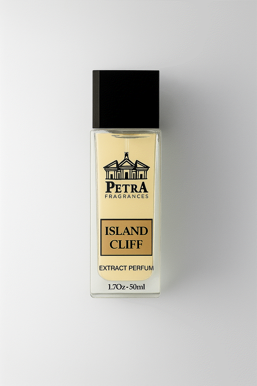 Petra Fragrances ISLAND CLIFF extract perfume bottle with black cap and beige label on light background