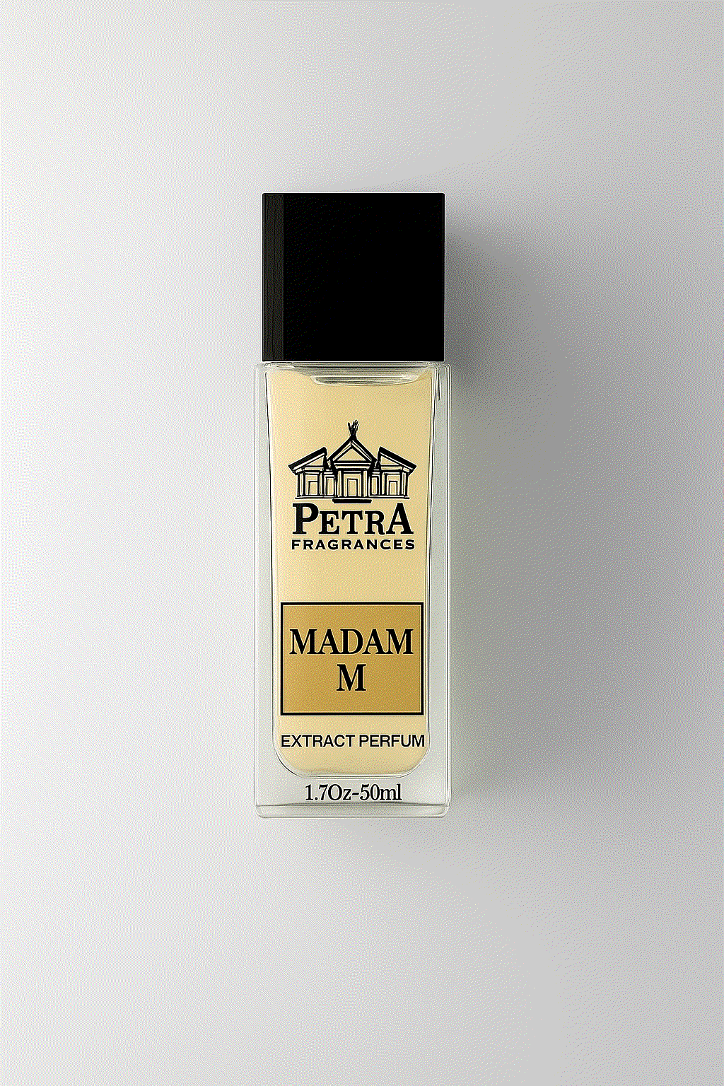 Petra’s Madam M fragrance bottle with subtle floral-fruity notes and cedar wood base