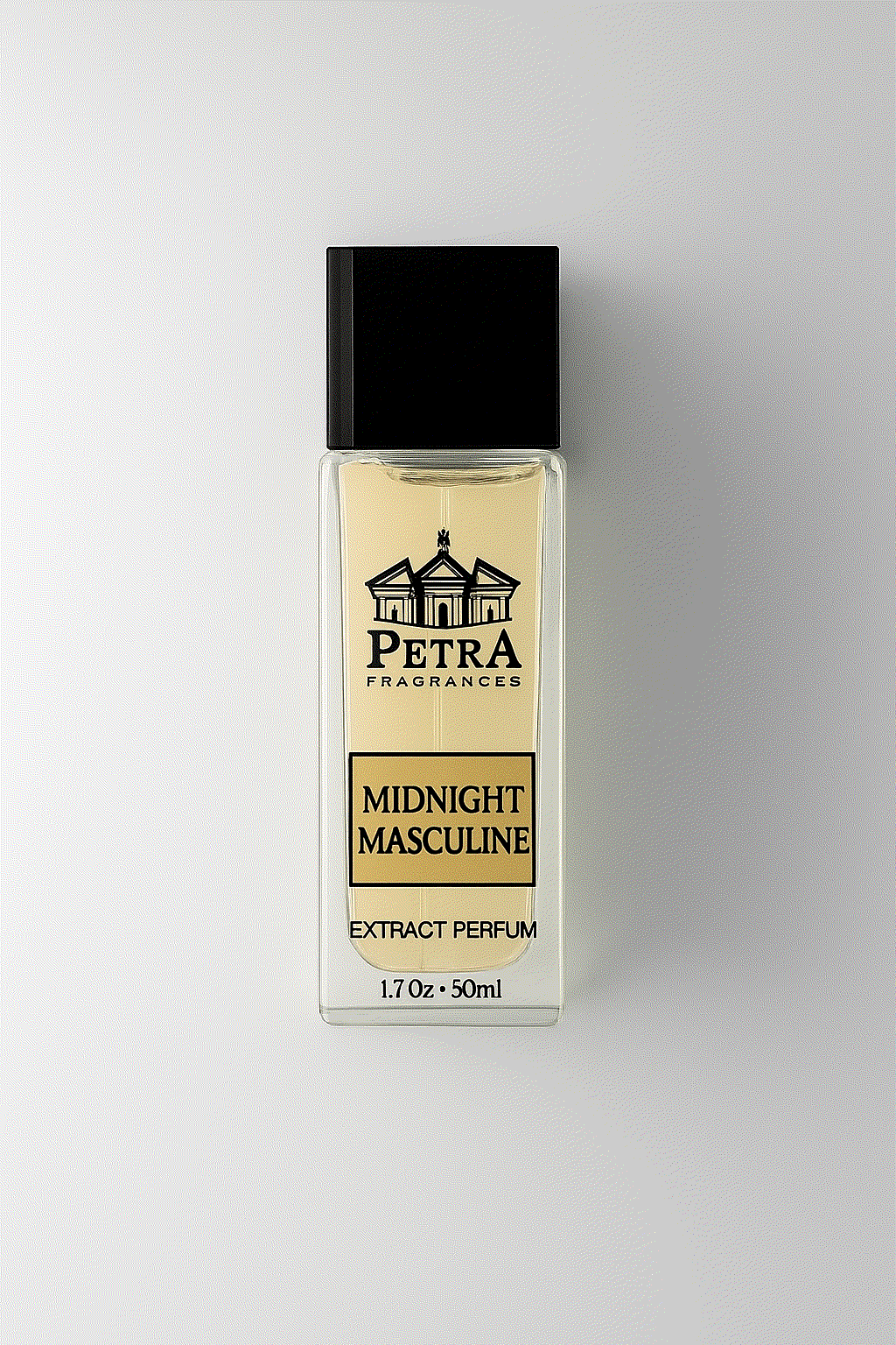 Petra Fragrances Midnight Masculine 50ml extract perfume bottle with black cap