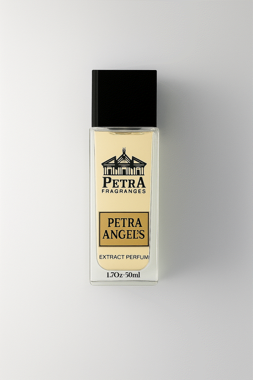Petra Angels extract perfume bottle 50ml with bold black cap, inspired by Thierry Mugler's Angel for Men fragrance.