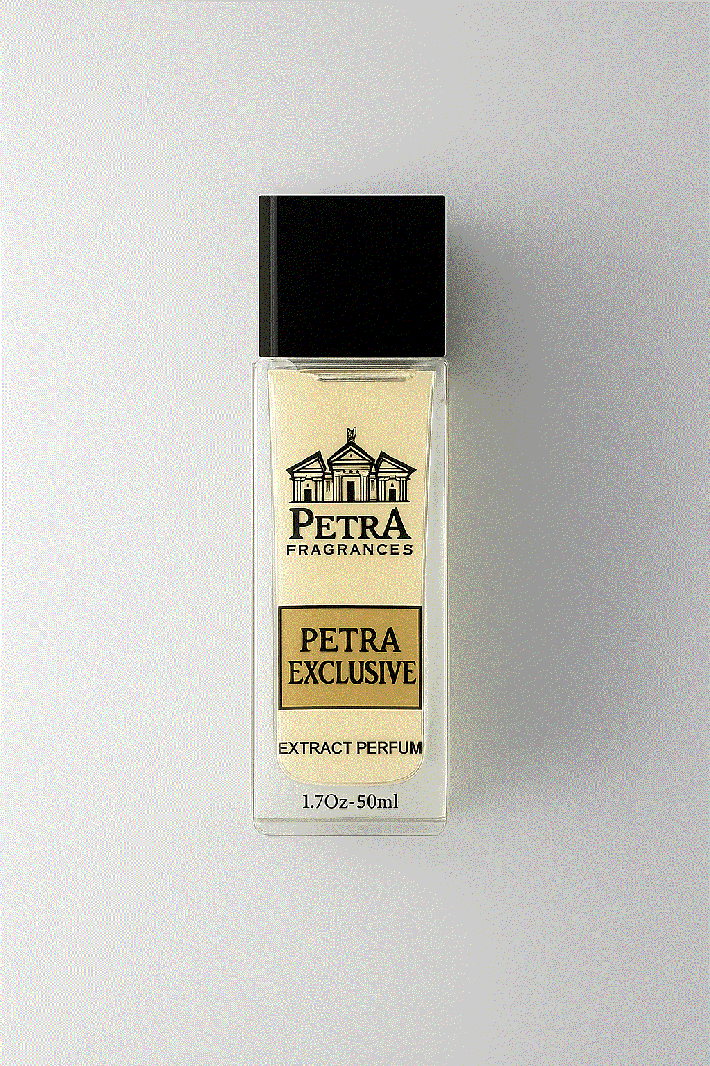 Petra Exclusive men's fragrance bottle with black cap and gold label, 50ml extract parfum by Petra Fragrances