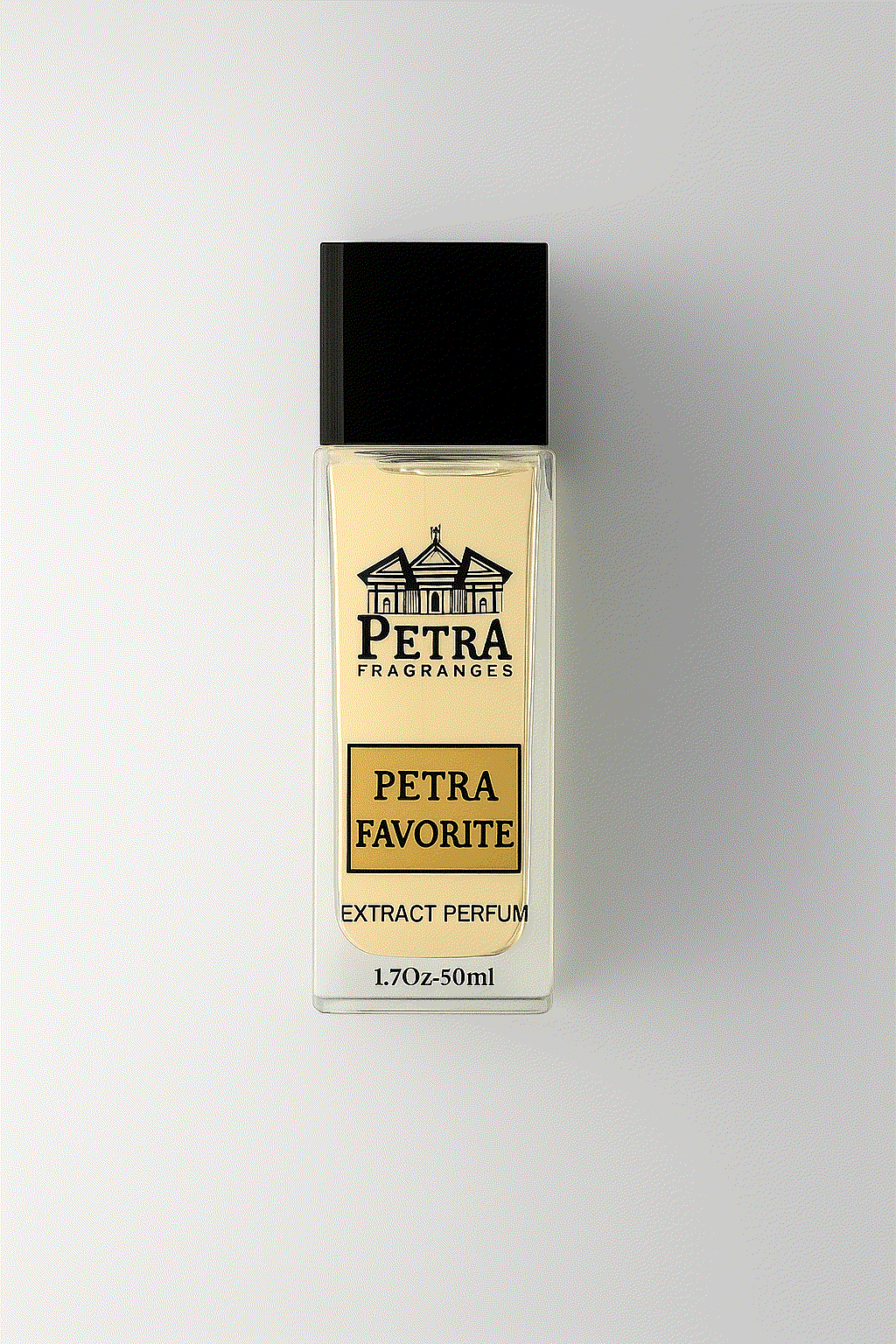 Petra Favorite unisex extract perfume with warm tobacco and vanilla scent in a rectangular bottle with black cap