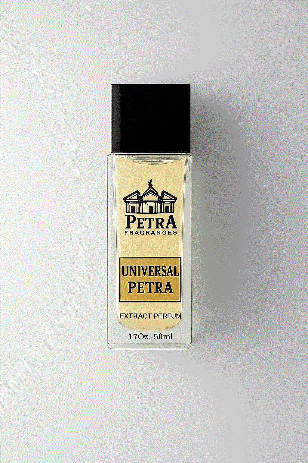 50ml Universal Petra perfume bottle with black cap and minimalist label featuring Petra Fragrances logo and gold accents